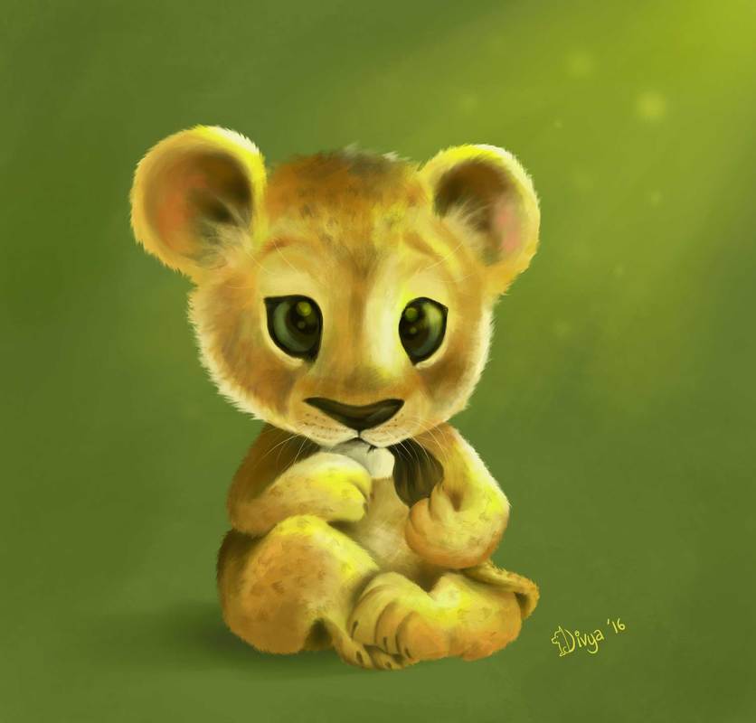 Digital animal art by Divya George. Lion Cub chewing its tail.