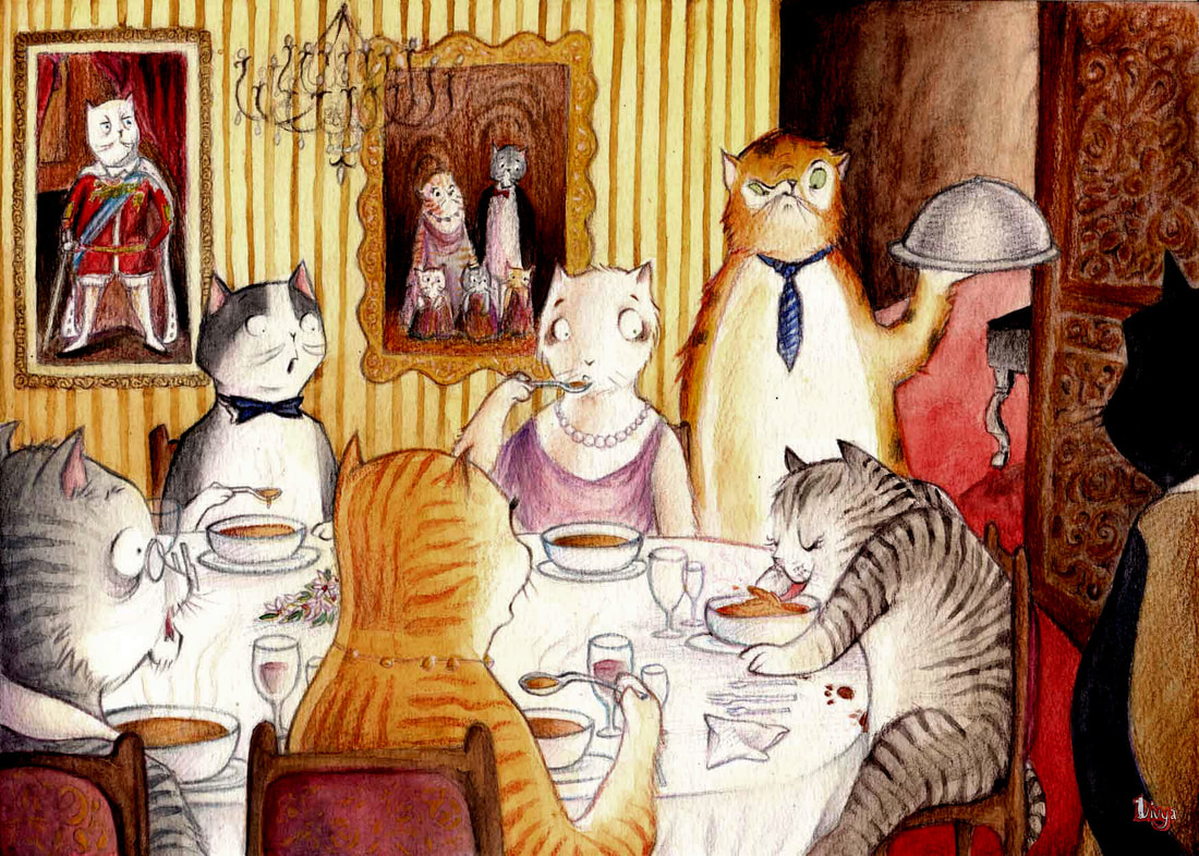 A common cat at a posh dinner where everyone's appalled at his table manners. Fun watercolour animal illustration by Divya George.