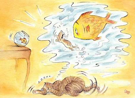 Cat has a nightmare about the fish. Fun watercolour  animal illustration by Divya George.
