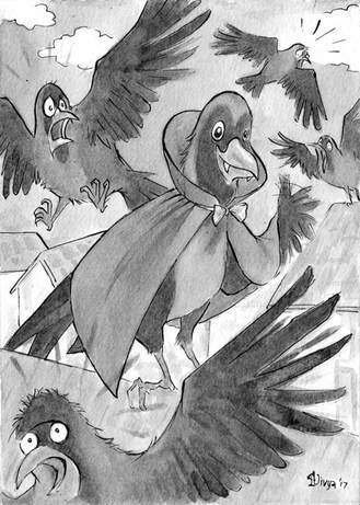 All the crows are scared of Count Crowcula. Ink illustration by Divya George.
