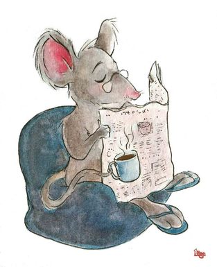 Mouse on sofa reading a newspaper with coffee. Fun watercolour animal illustration by Divya George.