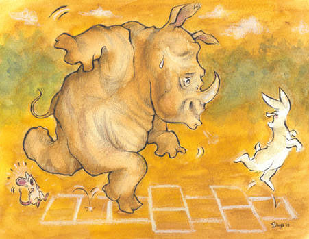 A rabbit teaching a rhino hopscotch. Mouse is scared it might trip on him. Illustration by Divya George.