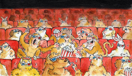 A couple of annoying monkeys at a 3D movie disturbing other animals. Watercolour illustration by Divya George.