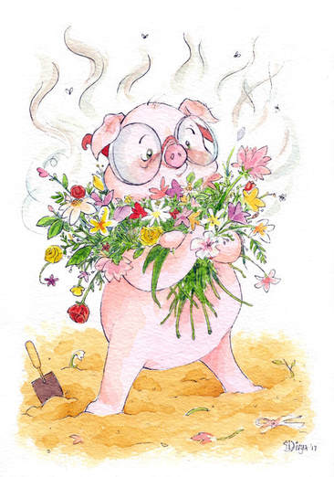 A smelly pig gathers some freshly dug pretty flowers in his arms. Watercolour illustration by Divya George.