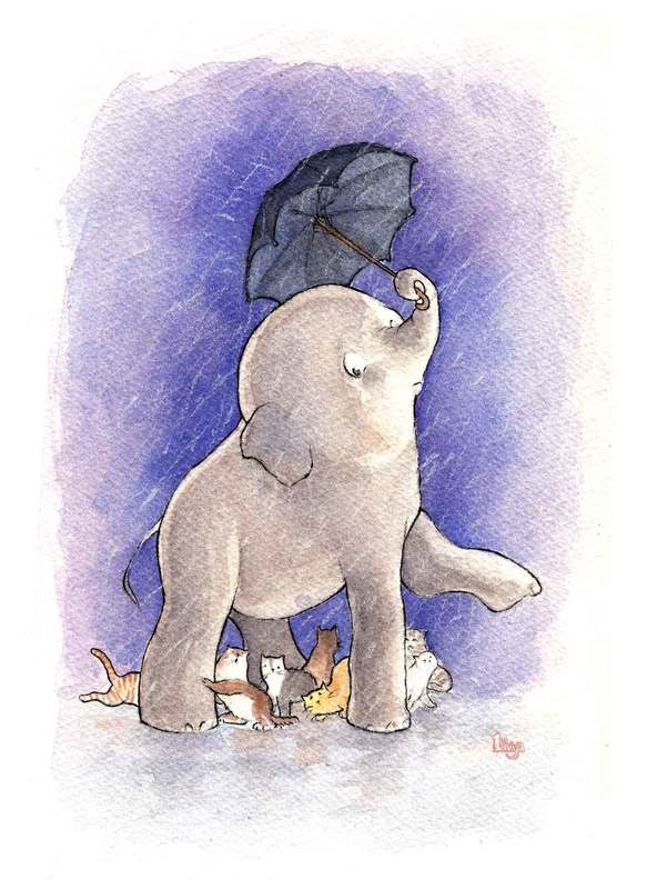 An elephant holding up an umbrella and being a shelter for some cats from the rain. Watercolour animal illustration by Divya George.