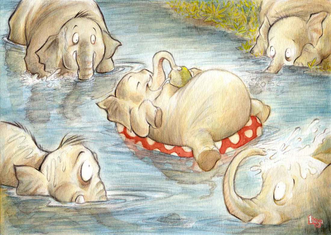 Elephants playing in the water, one floating on a float. Fun watercolour animal illustration by Divya George.