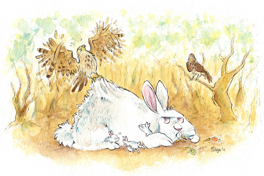 A hawk struggles to lift up a giant rabbit. Watercolour illustration by Divya George.