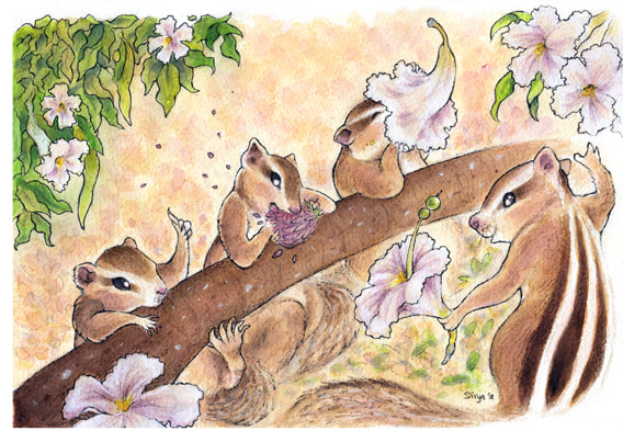 Squirrels at a flower bar. Fun animal illustration by Divya George.