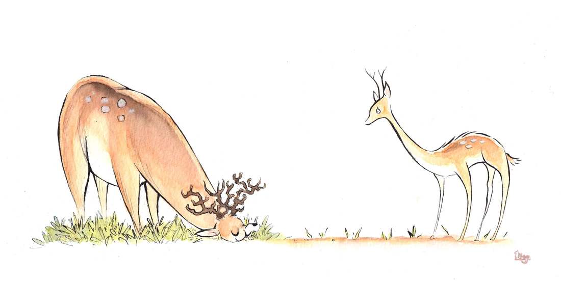 A greedy fat deer eats up all the grass leaving the thin deer with none. Fun watercolour animal illustration by Divya George.
