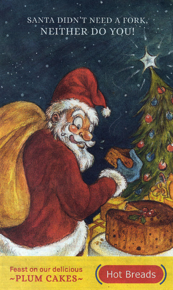 Illustration by Divya George for a Christmas Ad for Hot Breads appearing in the newspaper. Santa eating a slice of Plum Cake on the way to delivering gifts.