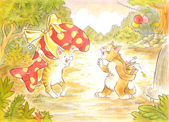 A cat holds a huge fish-shaped present at the party while the other is embarrassed at his tiny fish present. His fish escapes. Watercolour illustration by Divya George.