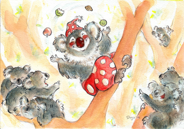 Koalas laughing at a Clown Koala  juggling fruit. One of them is scared. Watercolour illustration by Divya George.