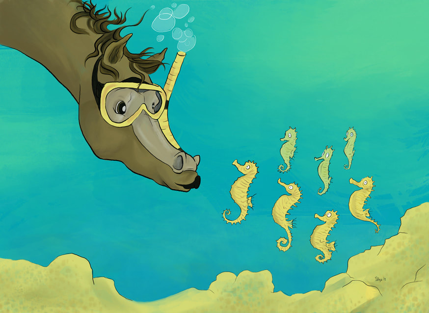 A scuba diving horse from land meets the horses of the sea. Digital illustration by Divya George.