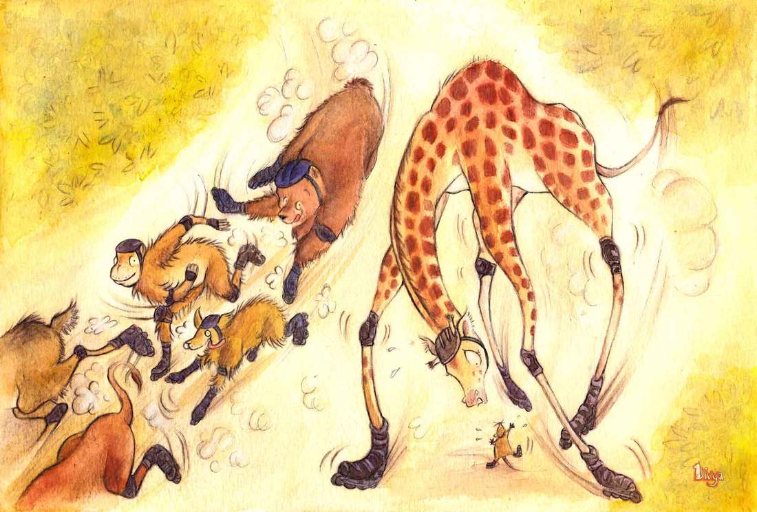Giraffe has difficulty rollerblading like the other animals. Fun watercolour animal illustration by Divya George.