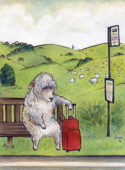 A sheep waits with luggage at the bus stop ready to leave its flock. Watercolour illustration by Divya George.