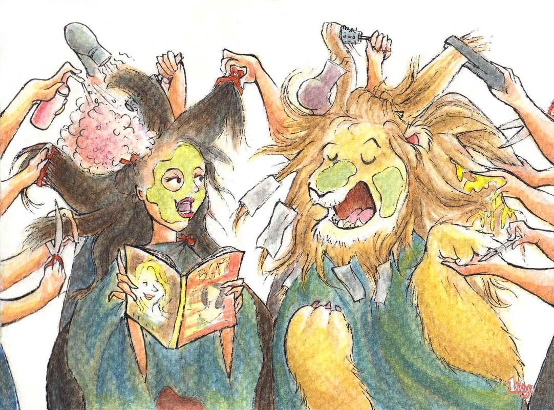 A lion being groomed at the salon talking to a woman. Fun Animal Watercolour illustration by Divya George.