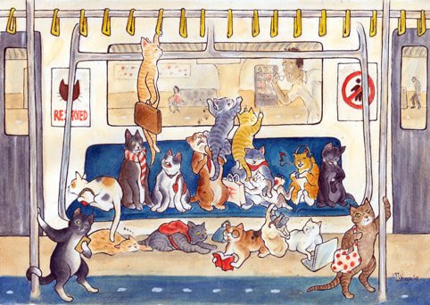 Cats travelling by metro rail. Fun animal illustration by Divya George