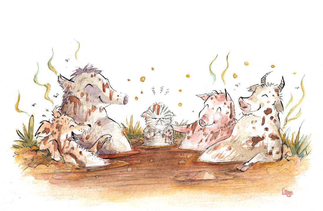 Animals love the mud but the cat hates it. Fun watercolour animal illustration by Divya George.