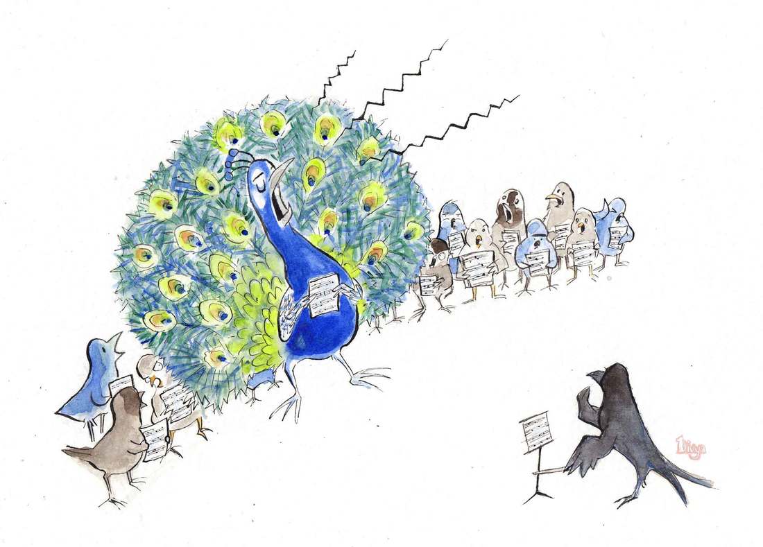Peacock is out of tune and overshadowing a choir full of birds. Fun bird animal illustration by Divya George. Watercolour.