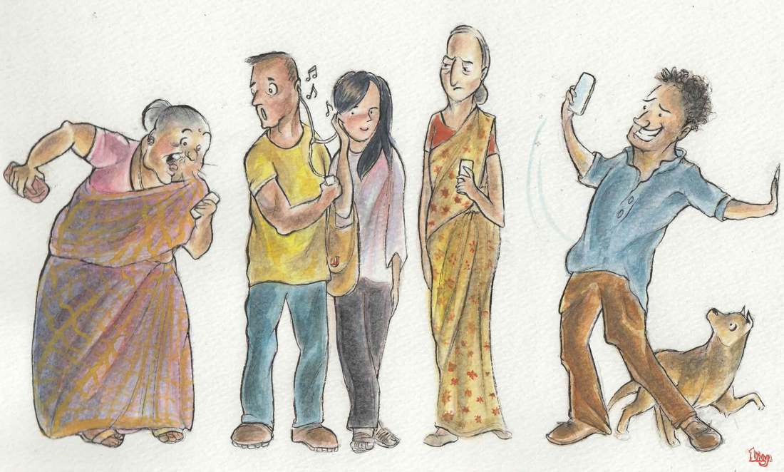 Various People on their Phones. Character illustration. Watercolour.
