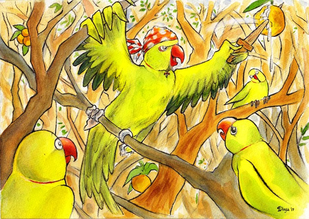 A Pirate Parrot slices open a fruit while other parrots look on. Watercolour illustration by Divya George.