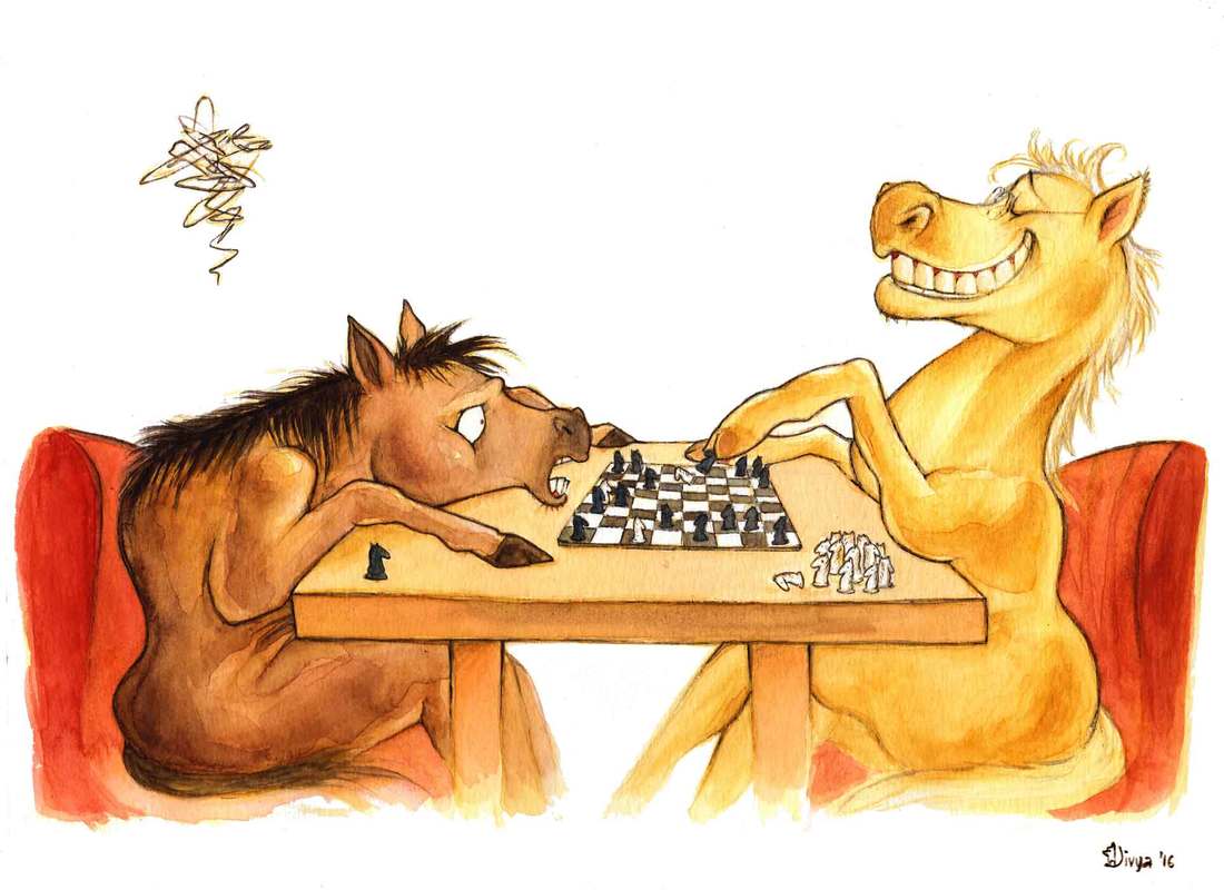 Two horses are playing chess with knight pieces and one is losing very badly. Fun animal illustration by Divya George.