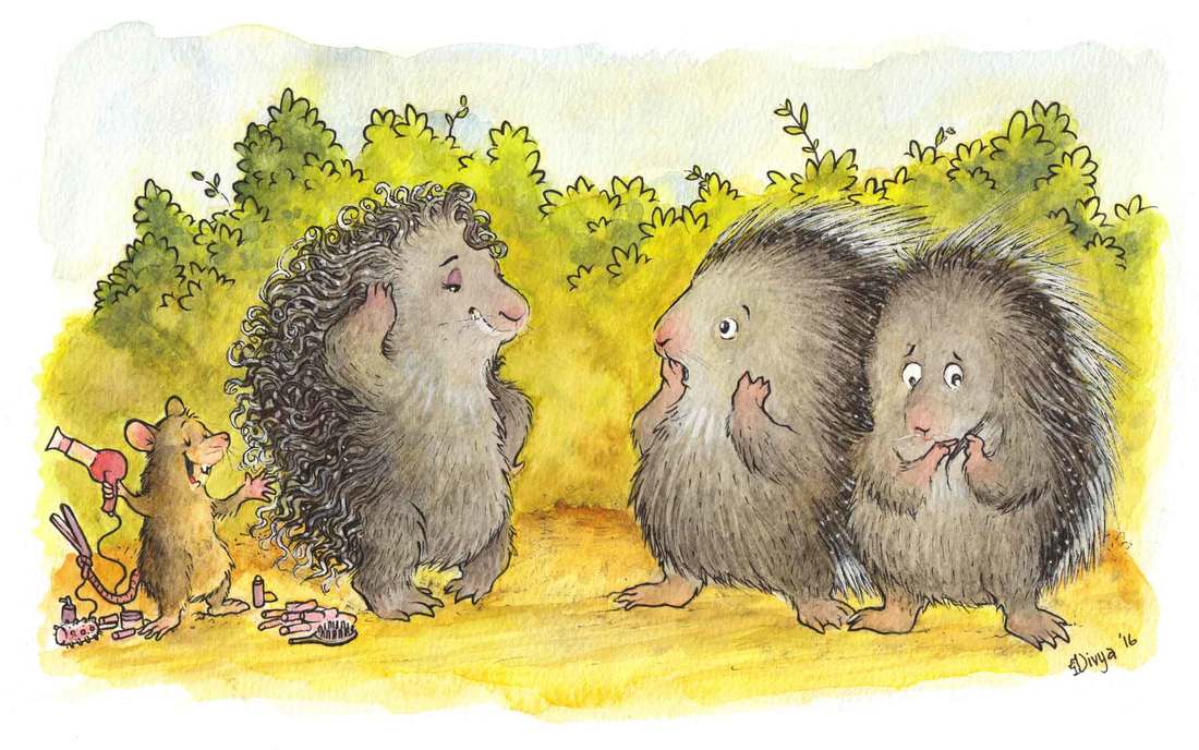 A Mouse has curled a Porcupine's quills and the others are quite surprised. Watercolour illustration by Divya George.