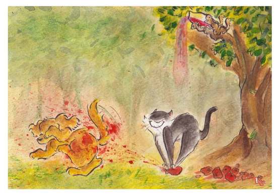 Cat splashing colour on Dog. Squirrel pouring colour on Cat. Watercolour Holi Illustration.