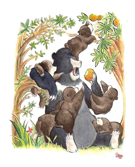 A bear eating fruit and putting up with annoying bear cubs. Fun watercolour animal illustration by Divya George.