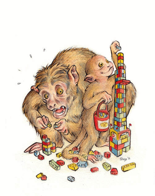 A tiny young monkey builds a large tower of blocks to the suprise of a bigger one. Illustration by Divya George.