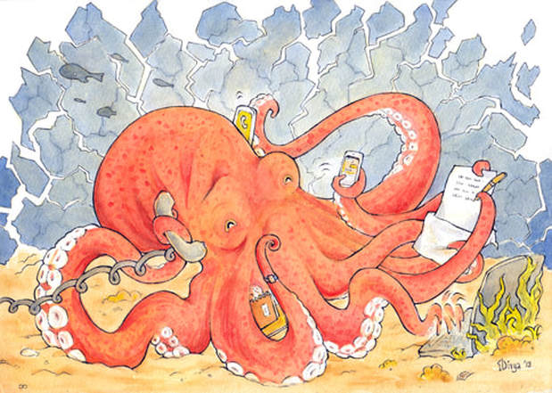 Stressed-out multi-tasking octopus. Fun animal watercolour illustration by Divya George.