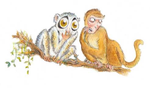 Monkeys sharing a Shocking Secret. Watercolour Illustration.