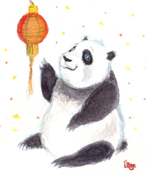 Panda with Chinese Lantern. Watercolour Illustration.