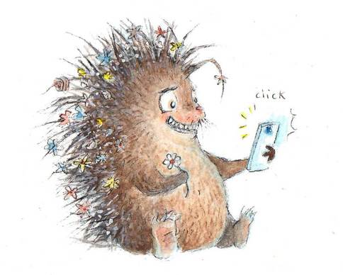 Porcupine Taking a Selfie. Watercolour Illustration.