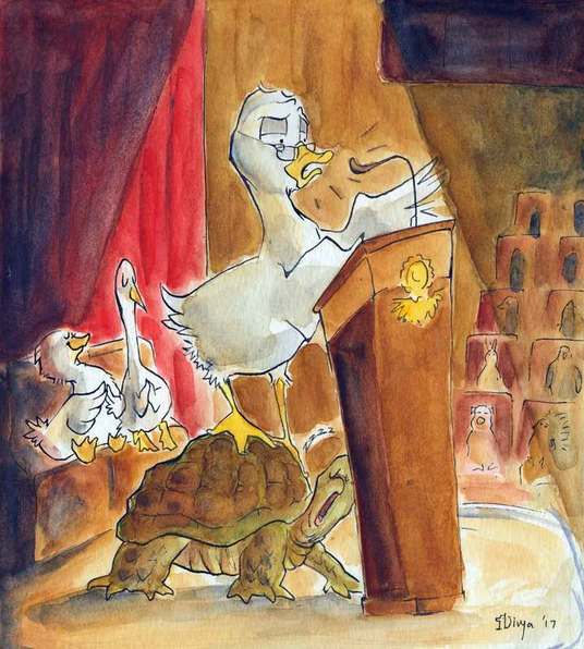 A duck gives a boring lecture while his footstool, a tortoise, is asleep. Watercolour illustration by Divya George.