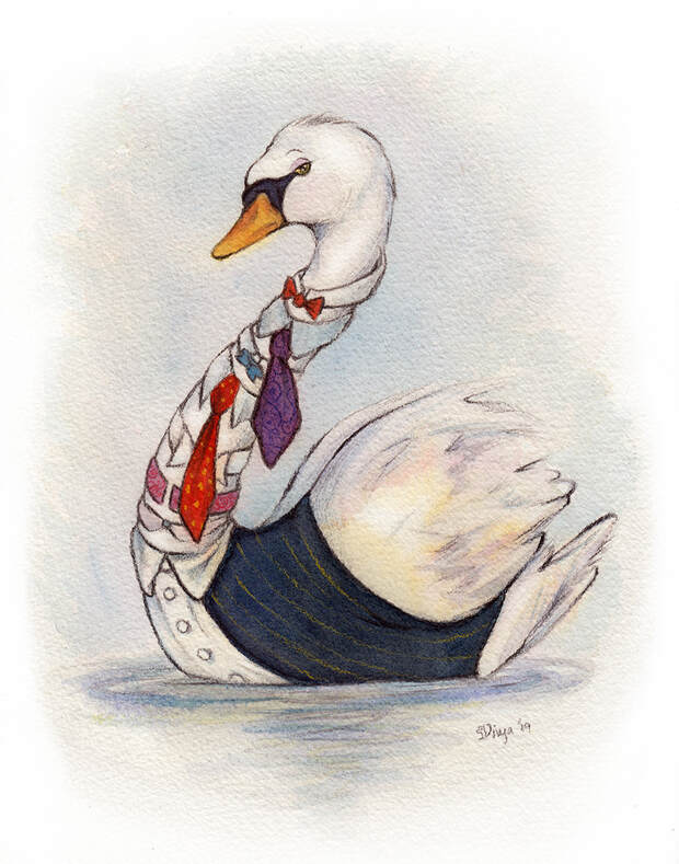 A swan dressed up with many collars and ties. Watercolour illustration by Divya George