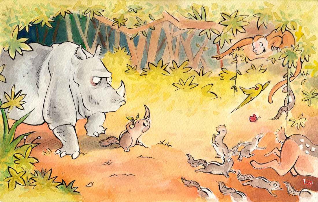 A squirrel pretends to be a rhino but doesn't realize the rhino is right behind it. Fun Animal Watercolour illustration by Divya George.