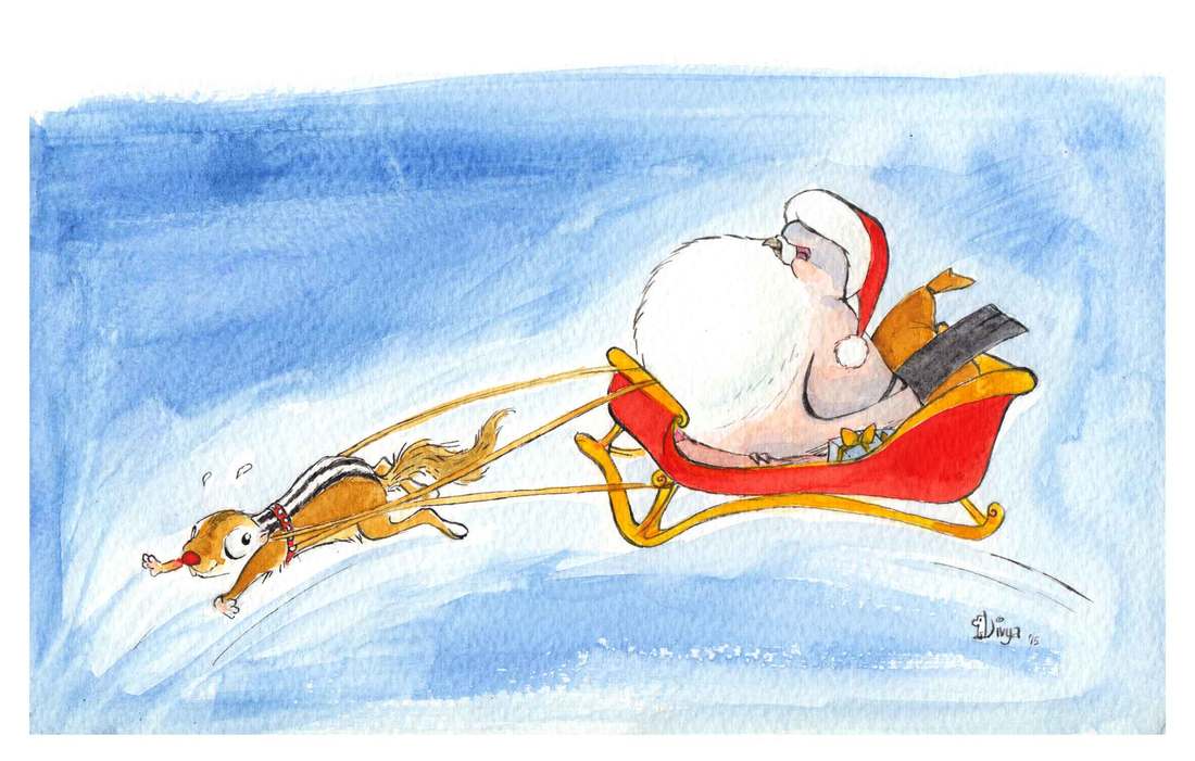A Santa Clause-like pigeon rides a sleigh pulled by a squirrel. Fun animal Christmas illustration by Divya George. Watercolour.