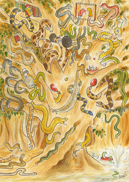 Snakes having fun in their recreation club on a tree. Watercolour illustration by Divya George.