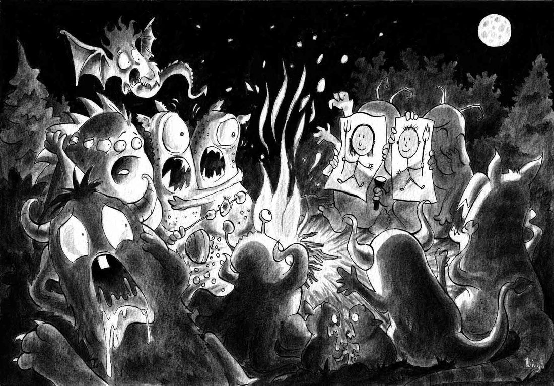 Monsters are being spooked by a scary story and pictures of humans on a full moon campfire night. Fun halloween Ink illustration by Divya George. 