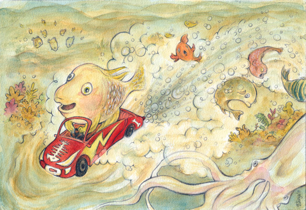 A fish zooms in his car underwater to the shock of other sea creatures. Watercolour illustration by Divya George.
