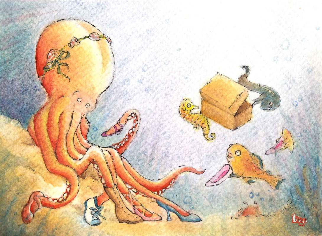 An octopus tries on shoes. Fun Animal Illustration by Divya George.