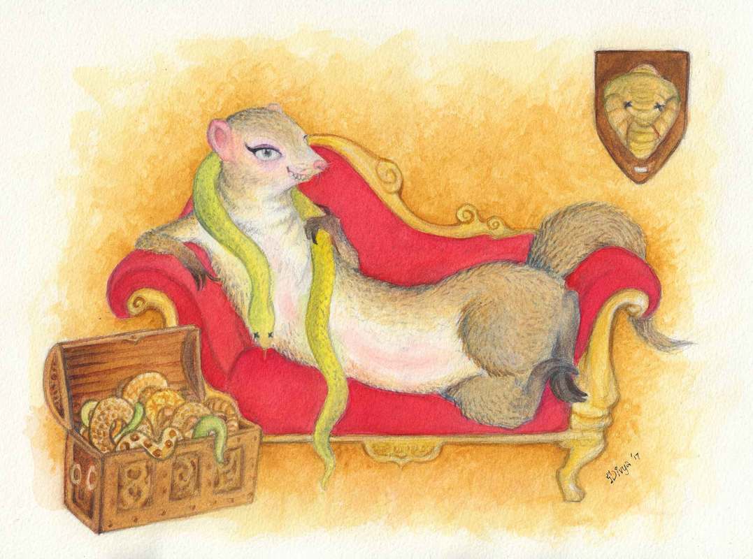 An evil mongoose reclines on a sofa with all the snakes she's killed. Watercolour illustration by Divya George.