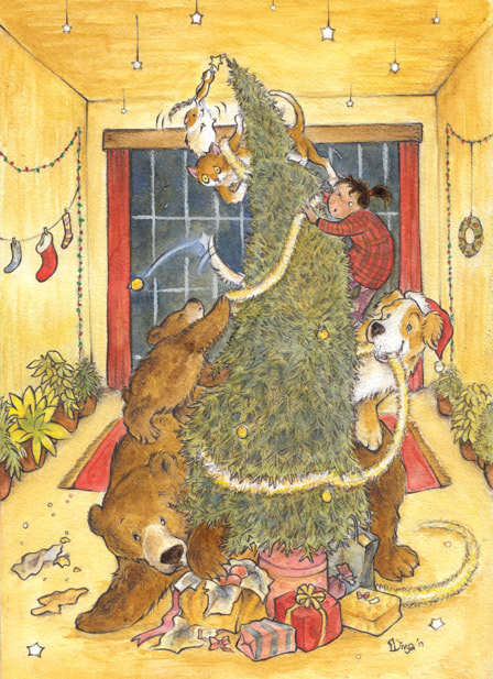 Bears, a dog, a girl, a cat, a hamster and squirrel decorate a tall Xmas tree. Watercolor Christmas Illustration by Divya George.